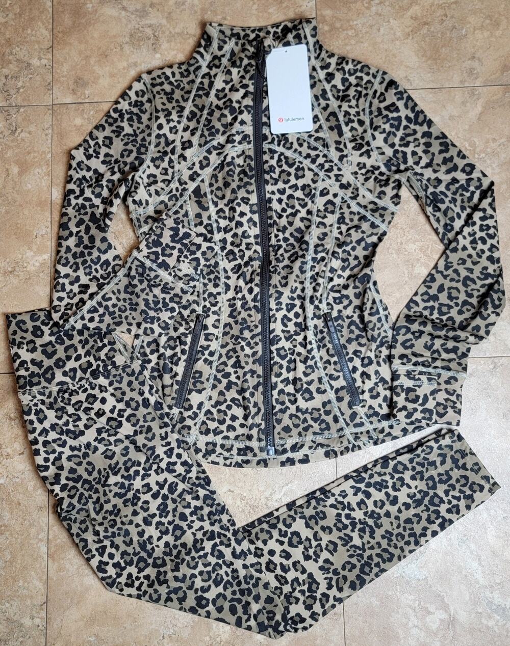 Lululemon Sz 6 Animal Print Defined Jacket Legging Brown Leopard Set Activewear